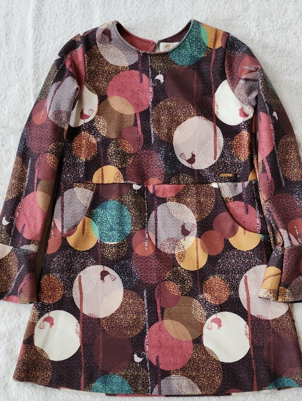 Up Baby Girls Fall Birds/Circles Dress Size 6 Preowned